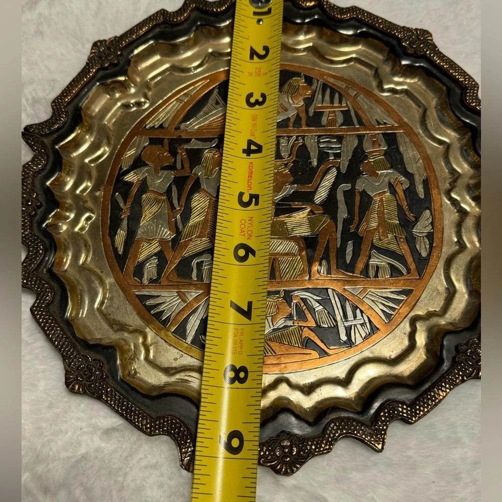 Decorative Vintage MCM Metal Brass Copper Wall Plate Egyptian Pharaoh Motif Rare